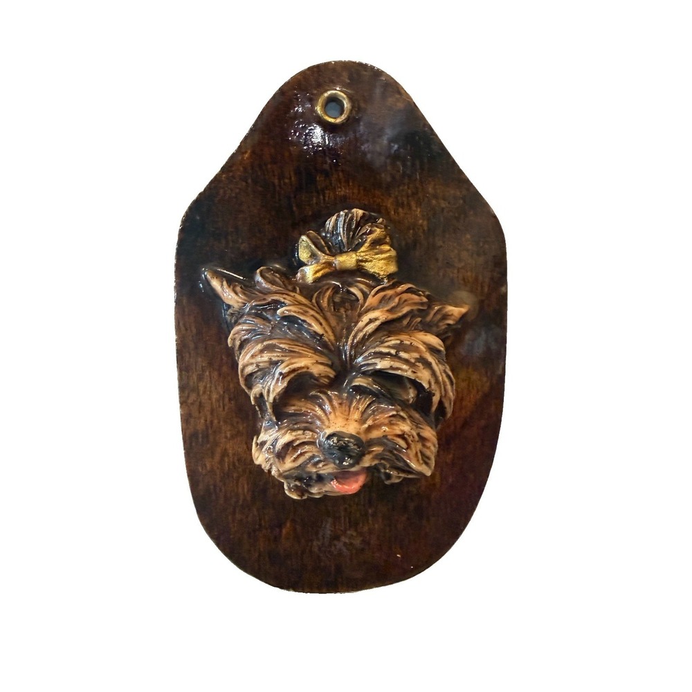 Vintage 3D Yorkshire Terrier Dog Wood Wall Plaque Collectible 1970s